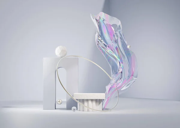 3 boyutlu arka plan taşı podyum sütun görüntüsü, soyut metalik yanardöner sanal folyo bezi kozmetik ürün yerleştirme için kadim sütun kaidesiyle uçuyor. Moda geometrik duruş 3 boyutlu oluşturma