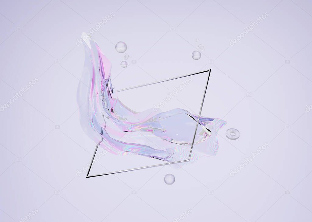3D background display, abstract metallic iridescent holographic foil cloth flying with square frame for  product placement copy space template. Trendy geometric shapes levitating. Creative 3D render