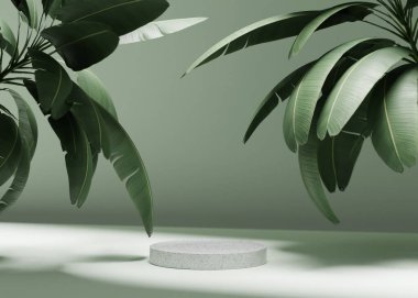 3 boyutlu arka plan ve taş podyum ekran. Tropikal palmiye yaprağı ve yeşil arka planda gölgesi olan doğa kaya kaidesi. Kozmetik, güzellik ürünü tanıtımı. Stüdyo 3D görüntüleme
