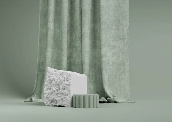 3D背景 カーテン付きの天然パステルグリーンの背景に石の台座の表彰台 製品プロモーション美容化粧品ディスプレイ ヌードスタジオミニマリスト ロックショーケース3Dレンダリング — ストック写真
