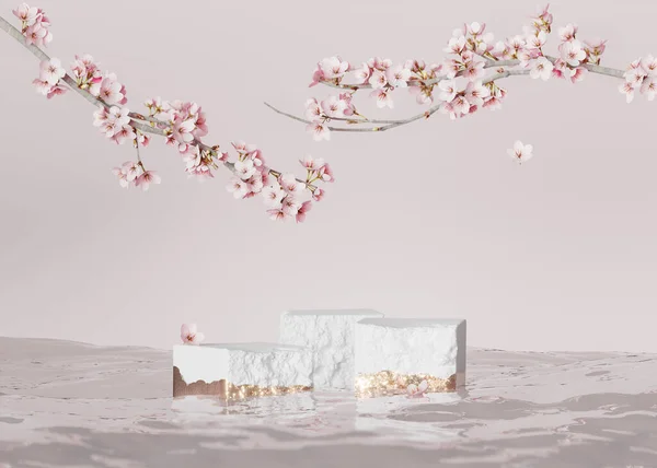 Tło Białe Skalne Podium Kamienny Wyświetlacz Osadzony Wodzie Sakura Różowy — Zdjęcie stockowe