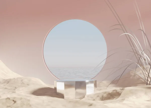 Podium Wyświetlacz Oceanem Piaszczysta Plaża Pastelowe Beżowe Tło Okrągła Ramka — Zdjęcie stockowe