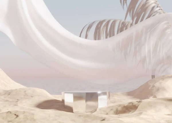 Podium Wyświetlacz Oceanem Piaszczysta Plaża Pastelowe Beżowe Tło Liściem Palmy — Zdjęcie stockowe