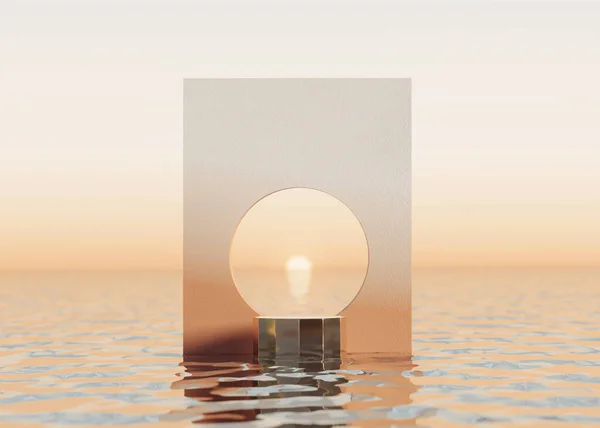 3 boyutlu arka plan, su, okyanus, deniz batımı, Pastel turuncu daire çerçeve. Kozmetik, güzellik ürünü tanıtım modeli. Doğa basamakları kaidesi. Yaz 3B görüntüleme.