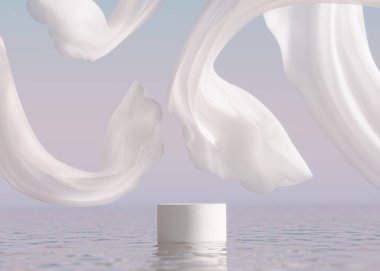 Suda 3 boyutlu podyum görüntüsü. Okyanus manzarası, Pastel arka plan, beyaz perde örtüsü uçuşan, yükselen kozmetik güzellik ürünü promosyon doğa. Adım kaidesi, yaz en düşük bayrak 3B rende
