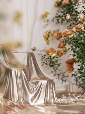 3 boyutlu altın kaplama kumaş podyum. Bej arka plan, doğa gül çiçeği. Güzellik ürünleri için yaz ve bahar süslemeleri, kozmetik promosyonları. Soyut, lüks bahçe modelleme 3D