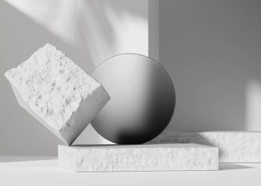 3 boyutlu arka plan, taş podyum. Yuvarlak daire, eğimli çerçeve. Kozmetik, güzellik ürünü tanıtımı, beyaz kaide. Doğal gölge, pürüzlü gri kaya gösterisi. Özet olarak 3D Stüdyo oluşturma 