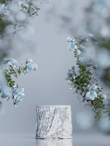 Background Blue Cloth Podium Display Nature Rose Flower Blossom Feminine — Stock Photo, Image