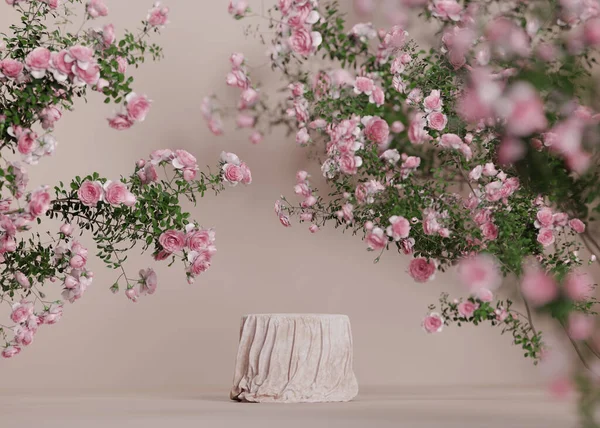 3 boyutlu arka plan pembe kumaş podyumu. Doğa gülleri çiçek açar. Güzellik ürünleri için kadınsı yaz ve bahar süslemeleri, kozmetik promosyonlar. Soyut, lüks bahçe modelleme 3D