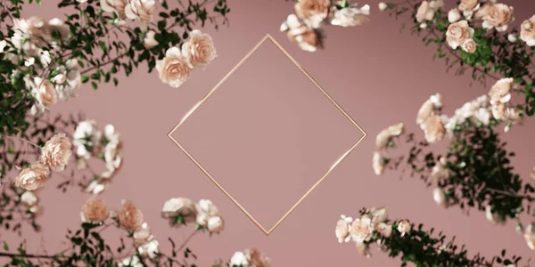 3D background square gold frame display. on dust pink. Nature rose flower blossom. Feminine summer and spring, beauty product, cosmetic promotion or text showcase banner . Abstract  mockup 3D render