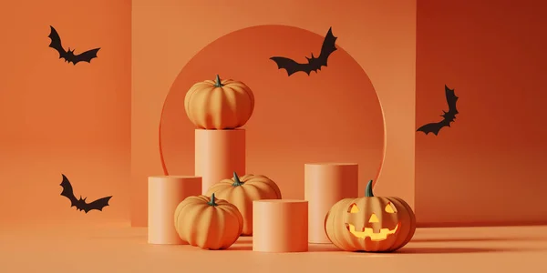 Podest Auf Orangefarbenem Hintergrund Halloween Fliegende Fledermaus Und Kürbis Mit — Stockfoto