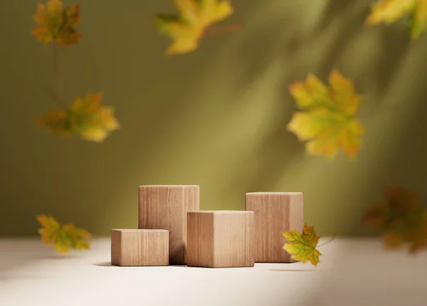 3D background, wood podium display. Natural dry autumn leaf falling. Green backdrop with leaves shadow. Fall product promotion Beauty cosmetic, yellow wooden stand. Studio Minimal, template 3D render