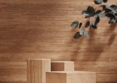 3 boyutlu arka plan, ahşap podyum seti. Doğa kahverengisi ve bej rengi. Güzellik kozmetik ürünleri, yaprak gölgesi olan doğal ahşap tezgah. Stüdyo boş Asgari 3D oluşturucu 