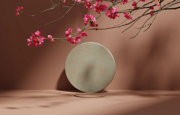 Hintergrund Kreis Podium Runde Anzeige Sakura Rosa Blütenzweigschatten Brauner Und — Stockfoto