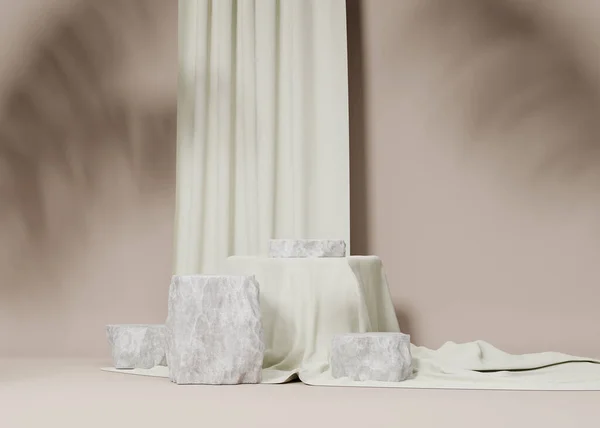 3D背景 自然のベージュの石の台座の表彰台 カーテン付きパステルグリーンの背景 製品プロモーション美容化粧品ディスプレイ ヌードスタジオミニマリスト ロックショーケース3Dレンダリング — ストック写真