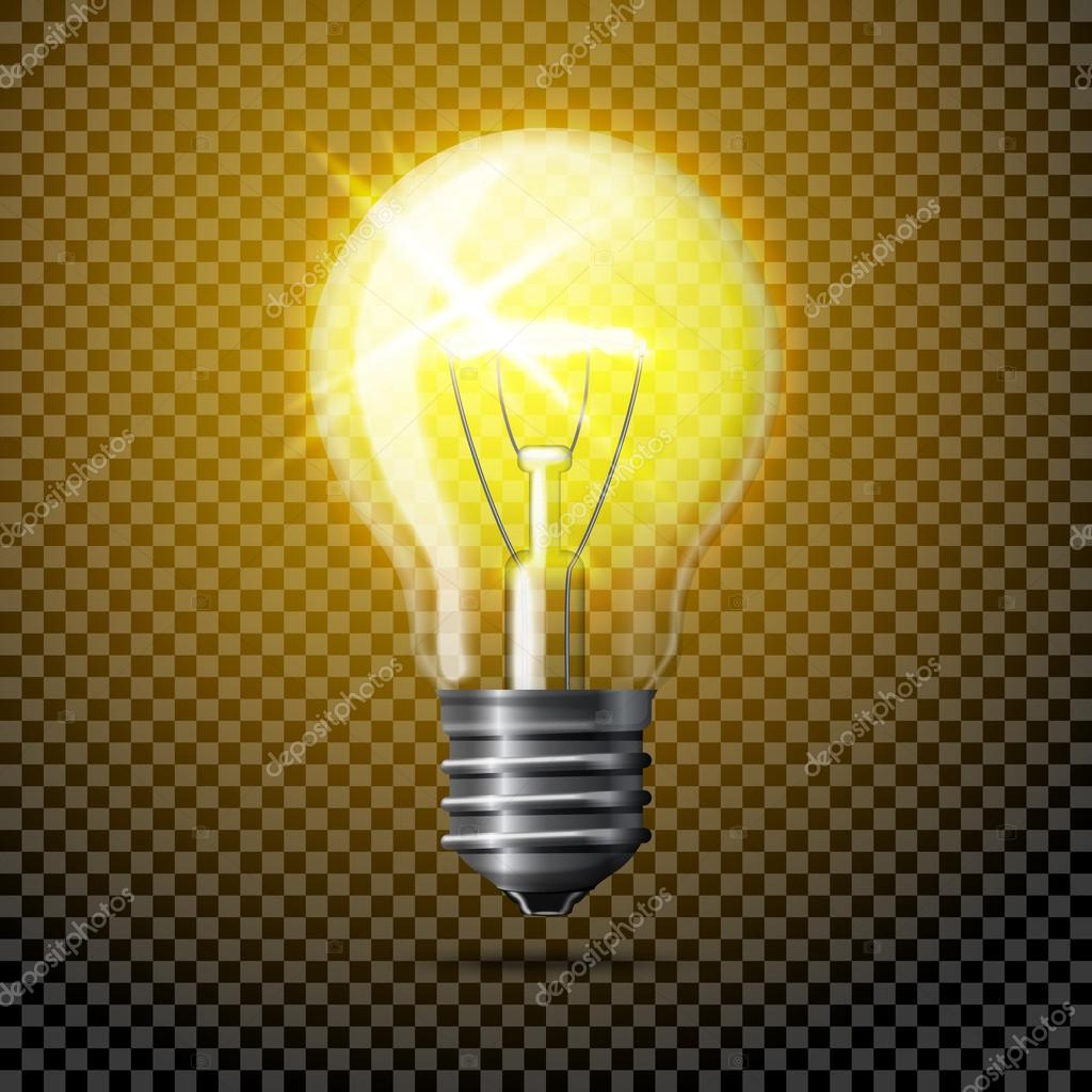 Transparent  realistic glowing light bulb on plaid background.