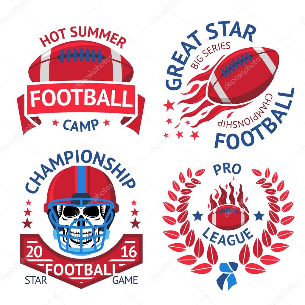 Set of american football labels with american football ball, burning ball, scull in helmet, laurel. Vector illustration