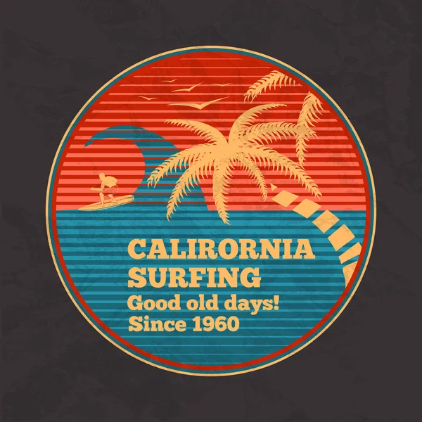 Vector vintage poster - California Surfing, bons velhos tempos. Com palmas, pássaros, onda e silhueta de surfista. Estilo retrô . — Vetor de Stock