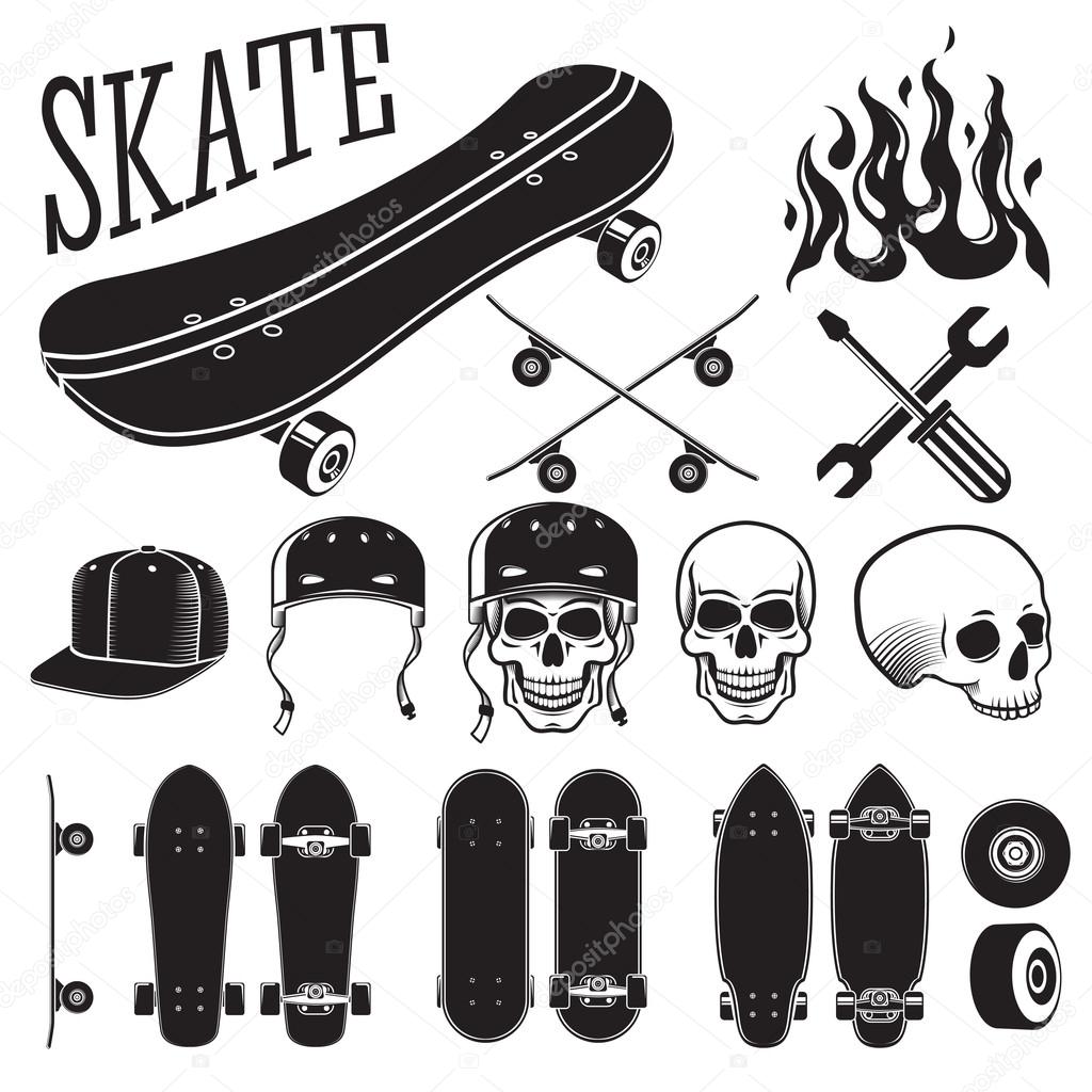 Set of skateboarding designer elements. Skates and flames, skull, helmet and cap. Vector