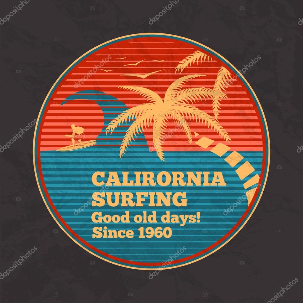 Vector vintage surfing poster - California Surfing, good old days. With palms, birds, wave and silhouette of surfing man. Retro style.