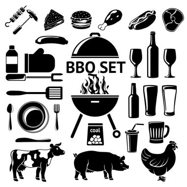 Vektör Barbekü partisi için ayarlayın. Izgara, içecekler, aletleri, et türleri vb..