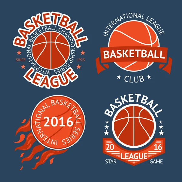 Set of basketball labels with balls and ribbons. Vector — Stock Vector