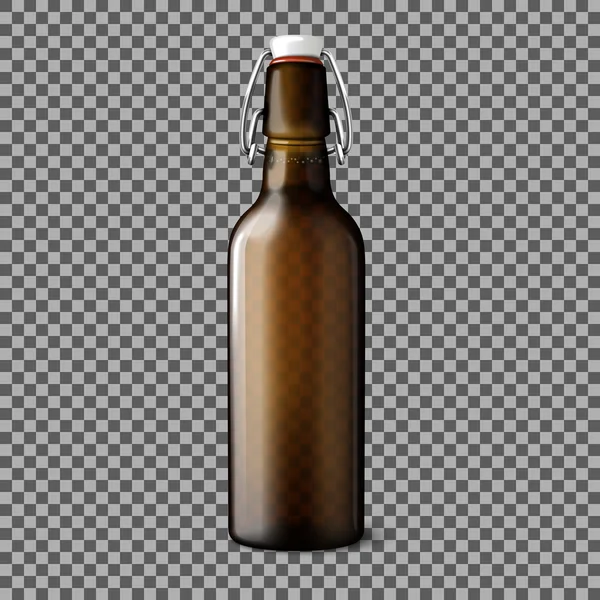 Blank transparent brown realistic beer bottle isolated on plaid background with place for your design and branding. Vector — Stock Vector