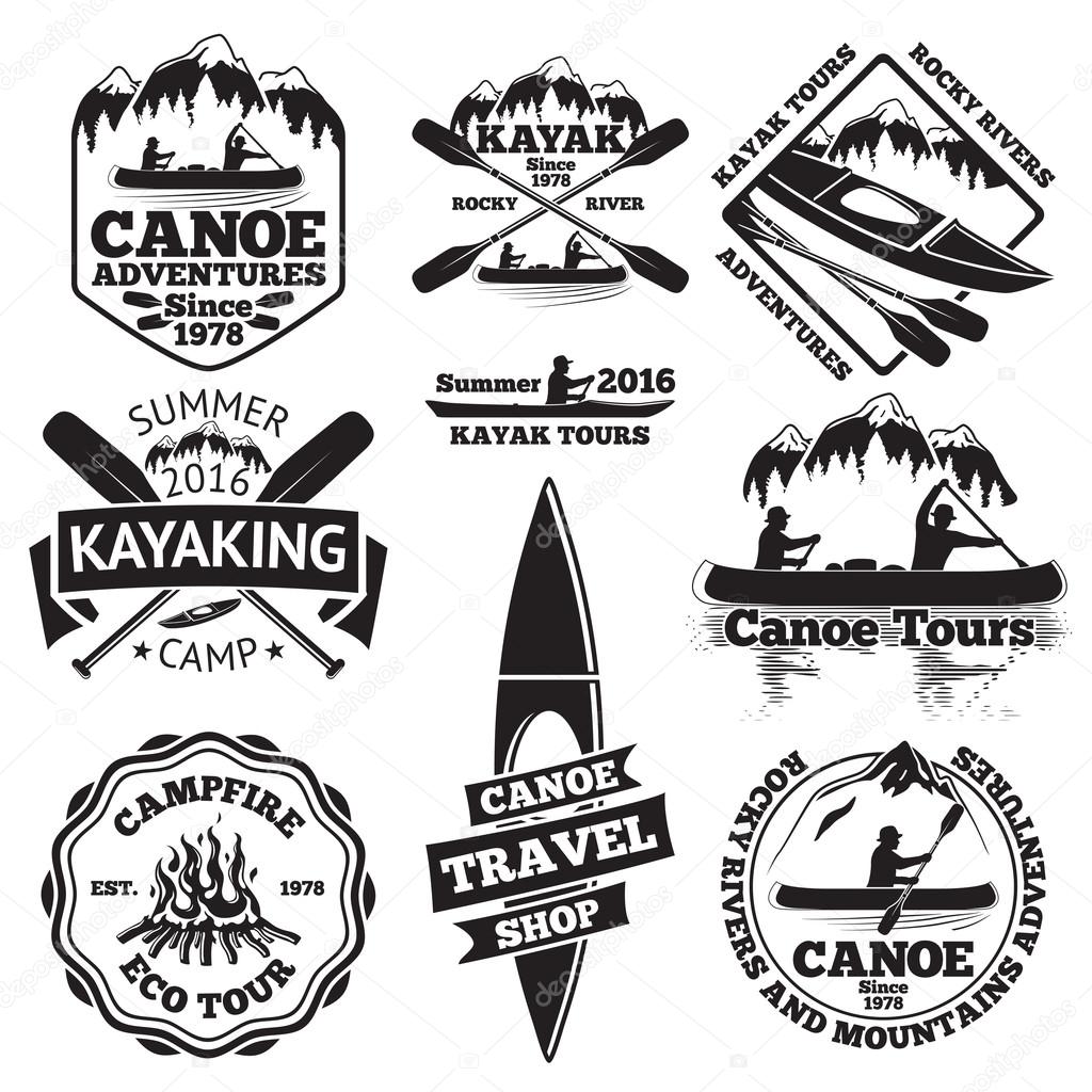 Set of canoe and kayak labels. Two man in a canoe boat, man in a kayak, boats and oars, mountains, campfire, forest, canoe tours, kayaking, canoe travel shop. Vector illustration