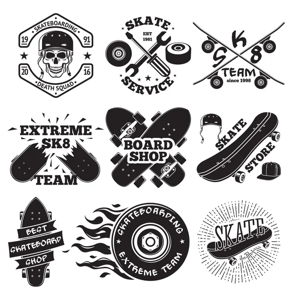 Gördeszka-címkekészlet - skull sisak, javítás, skate team, a fórumon shop, stb. Vektor — Stock Vector