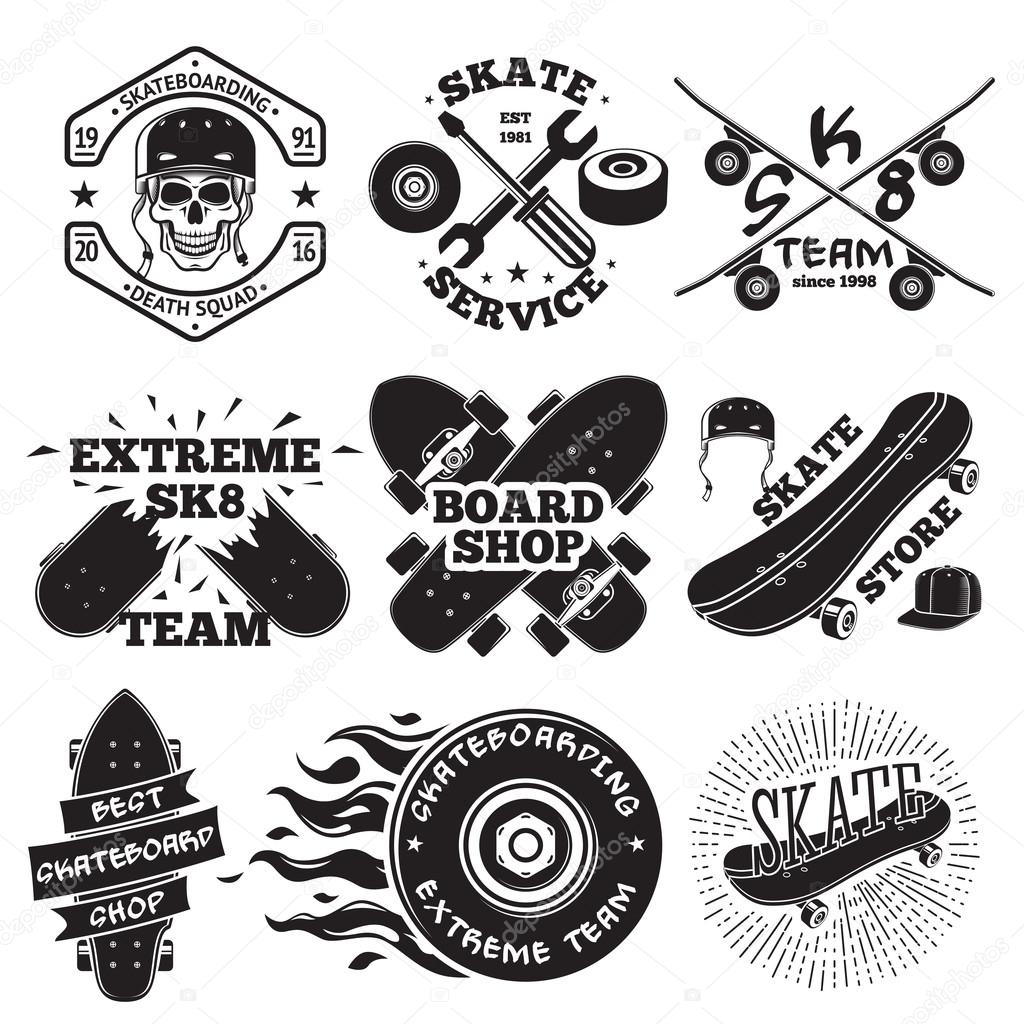 Set of skateboarding labels - skull in helmet, repair shop, skate team, board shop, etc. Vector illustration