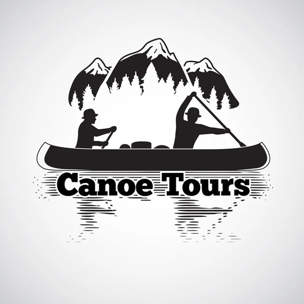 Etichetta tour in canoa. Due uomini in barca, con riflessi nel fiume, nelle montagne e nel paesaggio forestale. Vettore — Vettoriale Stock