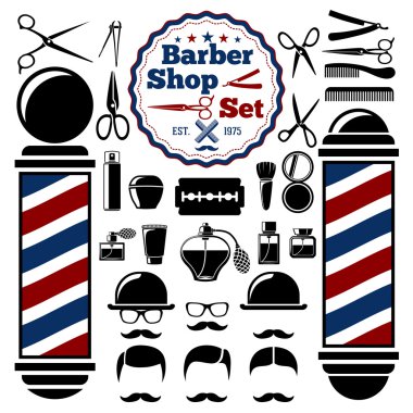Vektör kuaför dükkanı aksesuar seti. İle siluetleri aletleri, kutup, saç modelleri. Vintage tarzı.