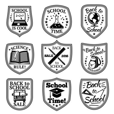 Geri okul etiketleri için vektör kümesi. Otobüs, sırt çantası, kitap, laptop, cetveller vb.