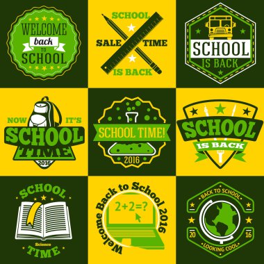 Vektör okul seti Etiketler. Lokomotif, kitap, sırt çantası, kalem, cetvel ile. Küre vb.