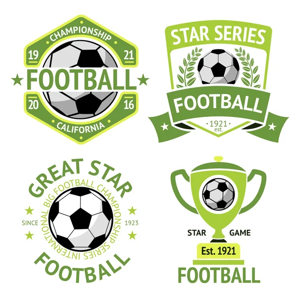 Vector set of green vintage Football labels. With laurel wreath, goblet, ball, shield and ribbons. — Stock Vector