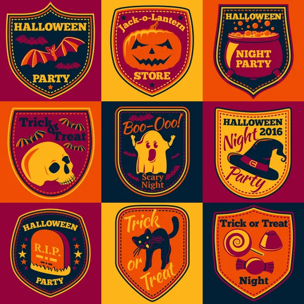 Vector etiquetas brillantes de Halloween con fantasma, sombrero de bruja, cráneo, gato, calabaza, caldero, etc. . — Vector de stock