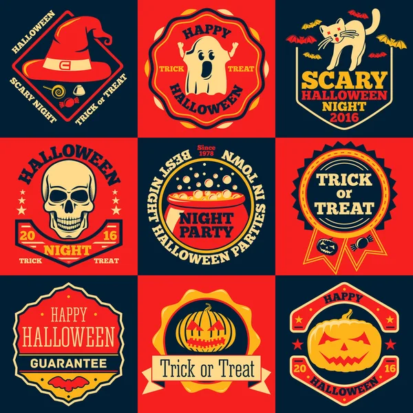 Vector etiquetas brillantes de Halloween con fantasma, sombrero de bruja, cráneo, gato, calabaza, caldero, etc. . — Vector de stock