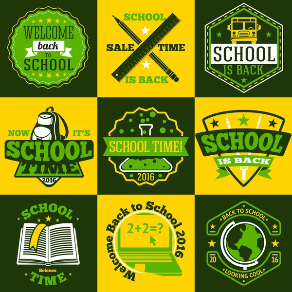 Vector School labels set. With schoolbus, book, backpack, pencils, ruler. globe etc. — Stock Vector