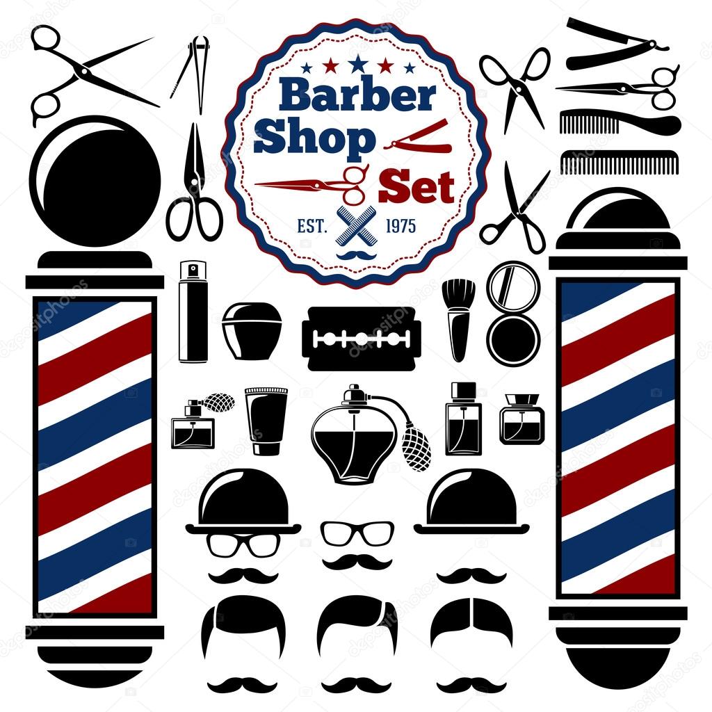 Vector Barber Shop accessories set. With silhouettes of barber instruments, barber pole, hairstyles. Vintage style.