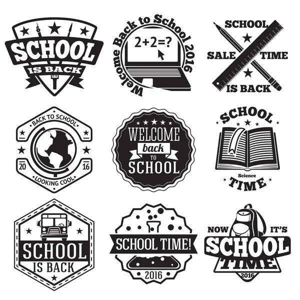 Vector set of school badges for new season, sales etc. With globe, computer, book, backpack,  bus . — Stock Vector