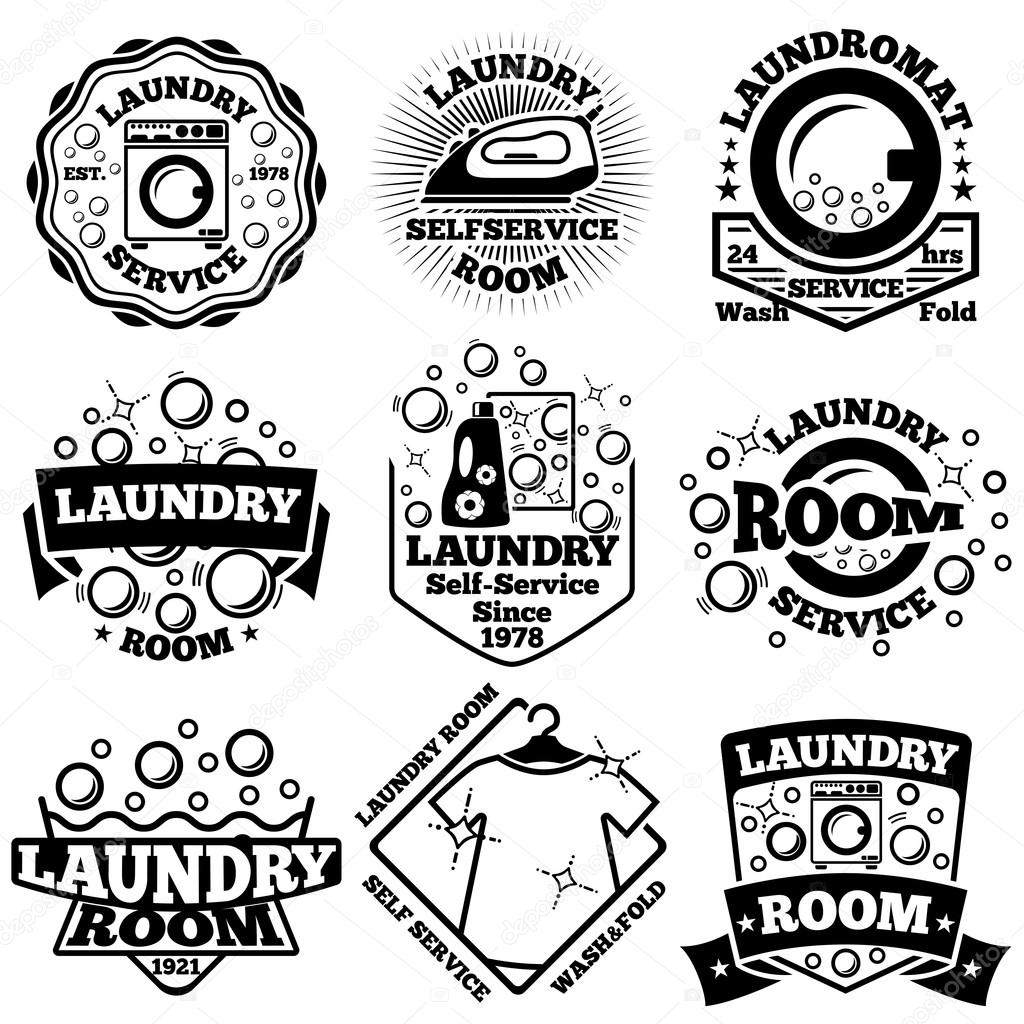 Set of Vector Laundry badges. With bubbles, laundromat, detergent etc