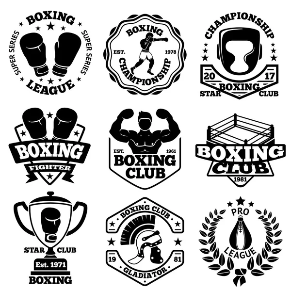 Vector Boxing labels set with - boxer, helmet, gladiator, goblet, laurel, ring,  gloves — Stock Vector