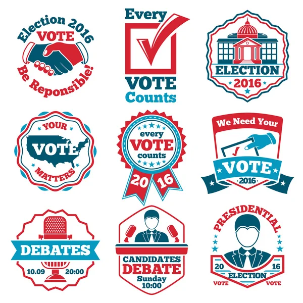 Ensemble vectoriel d'étiquettes et d'insignes de vote pour les élections, les débats — Image vectorielle