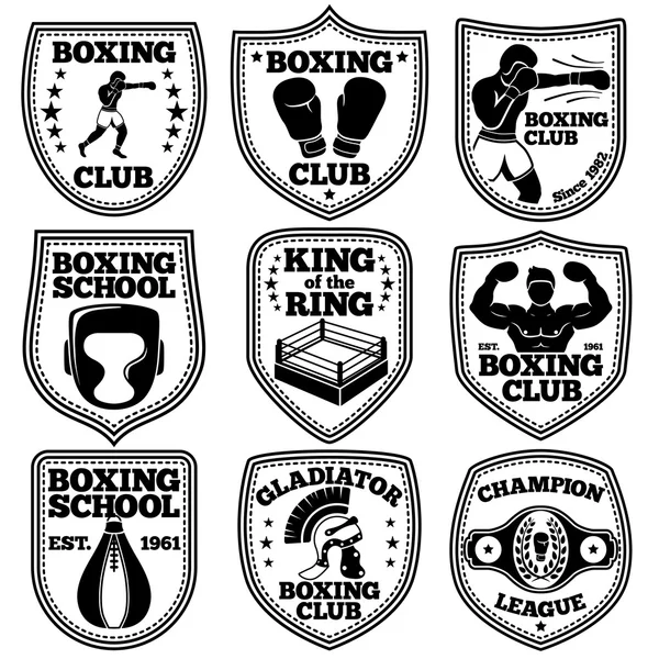 Boxing labels vector set. With boxer, gloves, punchbag, winner belt, ring, helmet. — Stock Vector