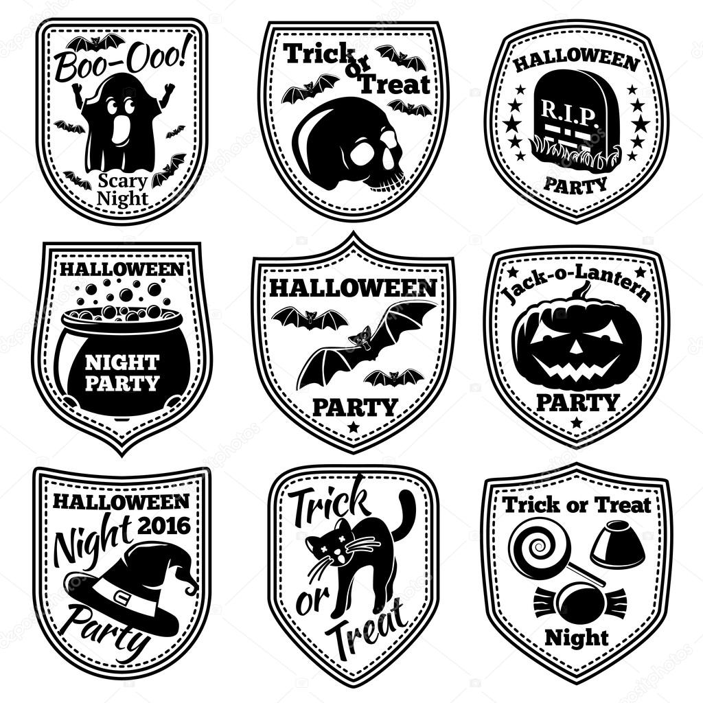 Vector Halloween labels set. With pumpkin, skull, ghost, cauldron, bat witch hat cat etc
