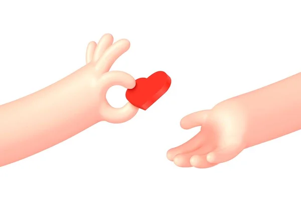 Vector cartoon hand give red heart to another — Stock Vector