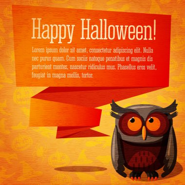 Mutlu Cadılar Bayramı şirin banner veya tebrik kartı craft üzerinde kahverengi baykuş ve konuşma balonu kafasını metniniz için gelen doku kağıt. arka plan - Cadılar, pumpkins, örümcekler, yarasalar.