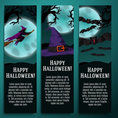 Cadılar Bayramı afiş cadı ile ayarla, şapka, yarasa sembolleri - moony arka plan ve korkunç ağaç dalları.
