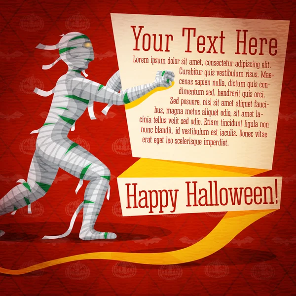 Feliz halloween bonito banner retro na textura de papel artesanal com múmia de egito e ligaduras, saudação, lugar para o seu texto . — Vetor de Stock