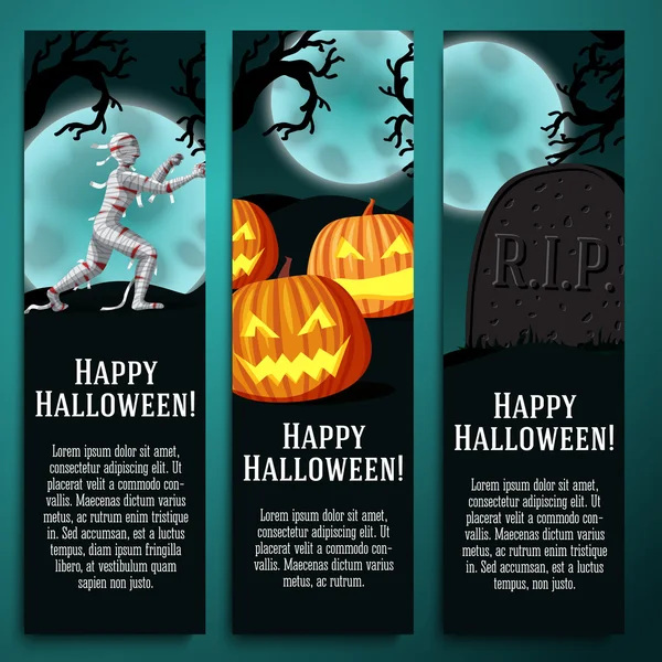 Instellen van halloween banners met mummie, jack o lantern pompoenen, r.i.p. grafsteen symbolen - moony achtergrond en eng boom takken. — Stockvector